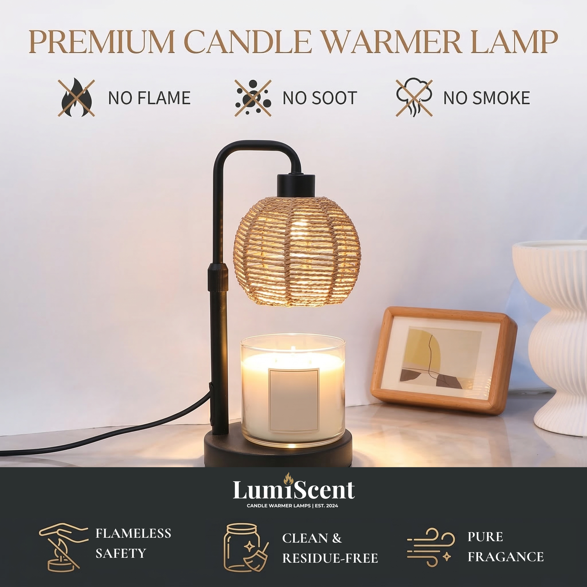 Boho Candle Warmer Lamp | Natural Weave, Timer & Warm Ambiance