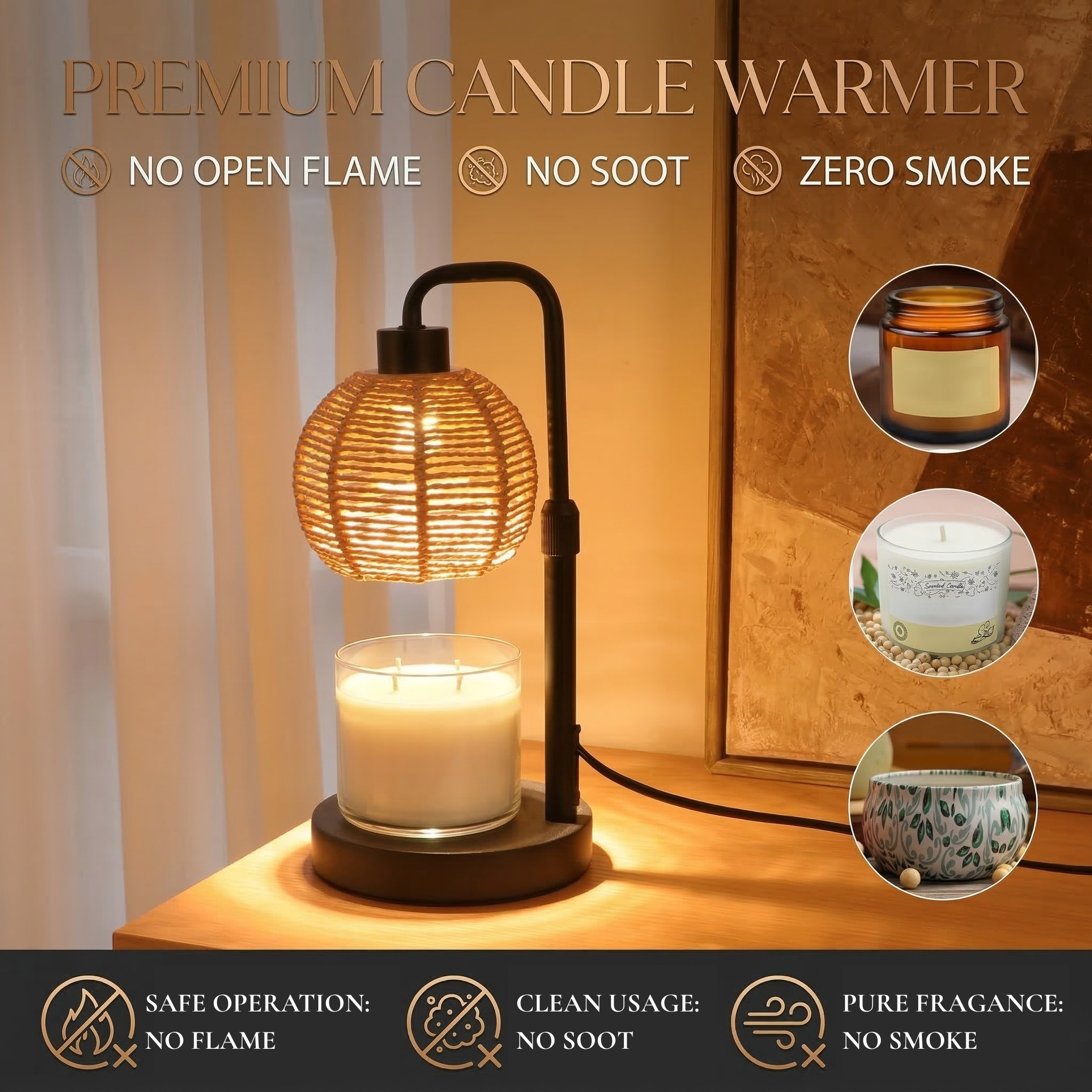 Boho Candle Warmer Lamp | Natural Weave, Timer & Warm Ambiance