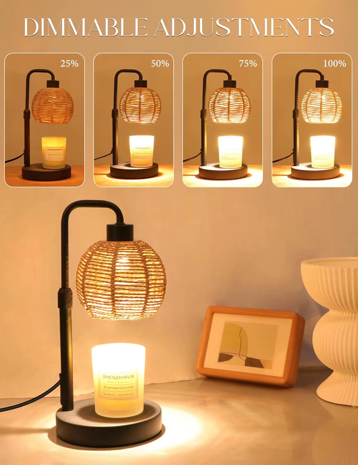 Boho Candle Warmer Lamp | Natural Weave, Timer & Warm Ambiance